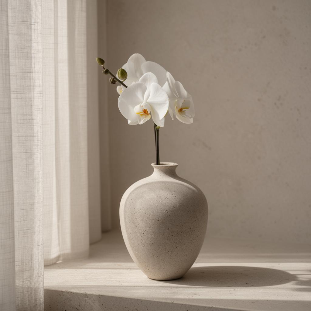 A single white orchid in a ceramic vase by a linen-curtained window at TAO Therapeutic Massage Spa in Vienna, VA