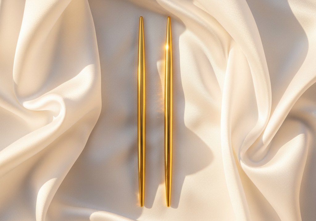 A matched pair of polished gold meridian massage wands resting on draped white silk