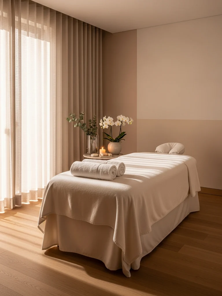 The treatment corridor at TAO Therapeutic Massage Spa in Vienna, VA — warm wood, linen drapes and low lamplight outside the couples room